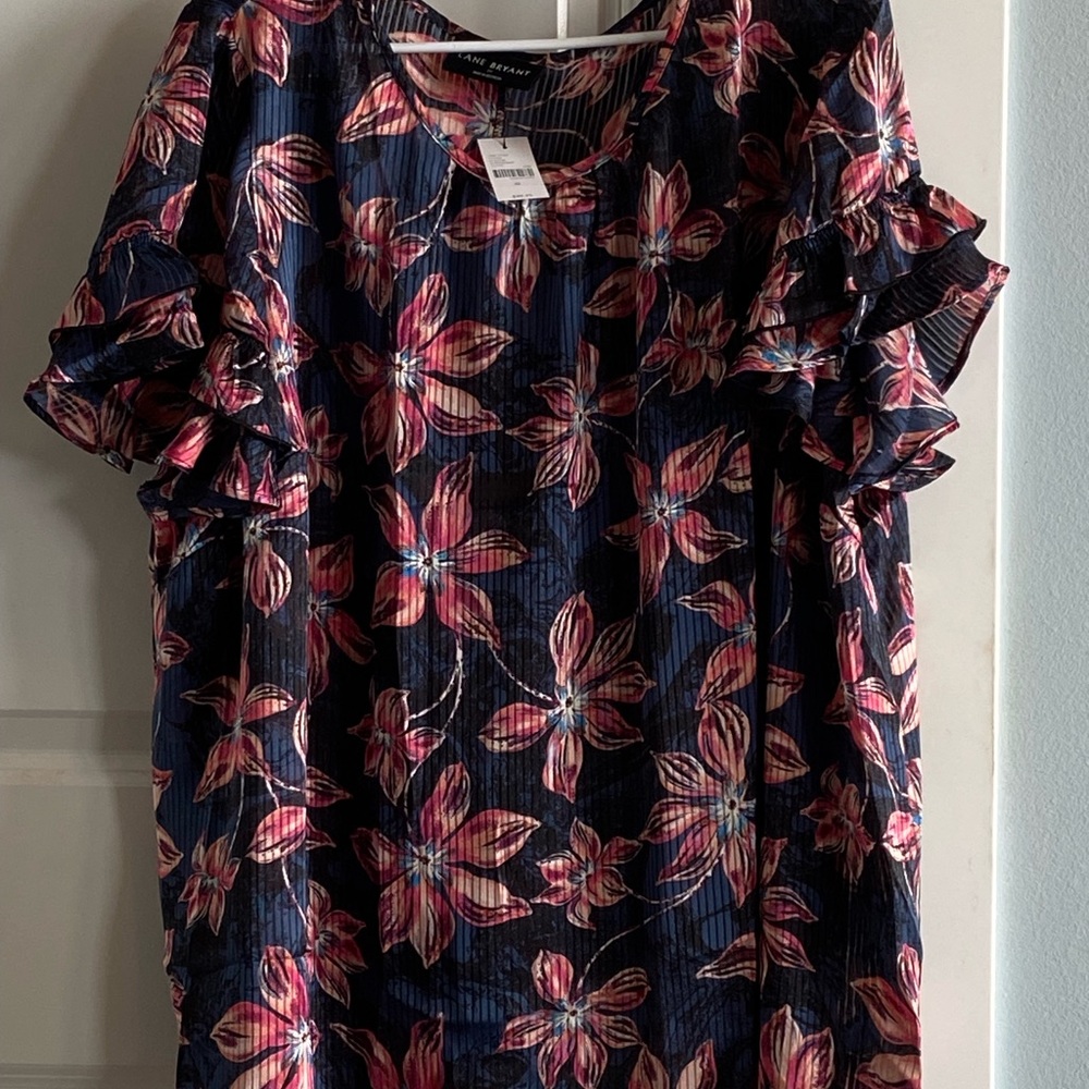 Lane Bryant Pink and Blue Flutter Sleeve Ruffled Blouse